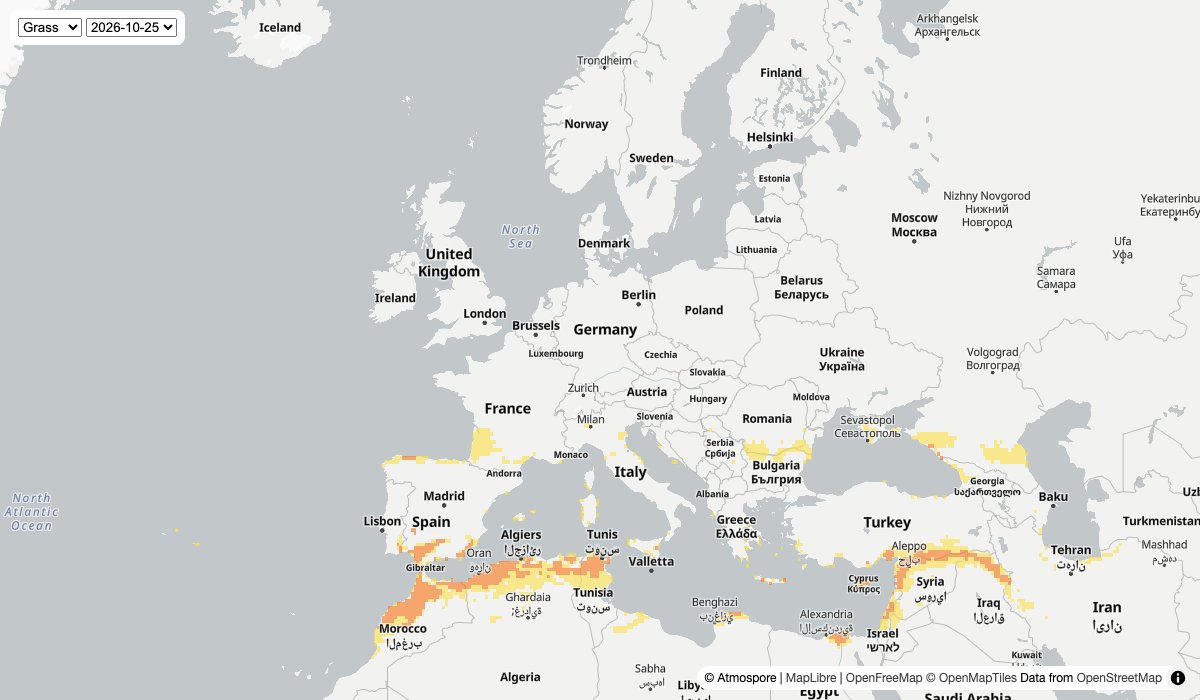 The finished example: today's grass pollen risk over Europe on a light base map